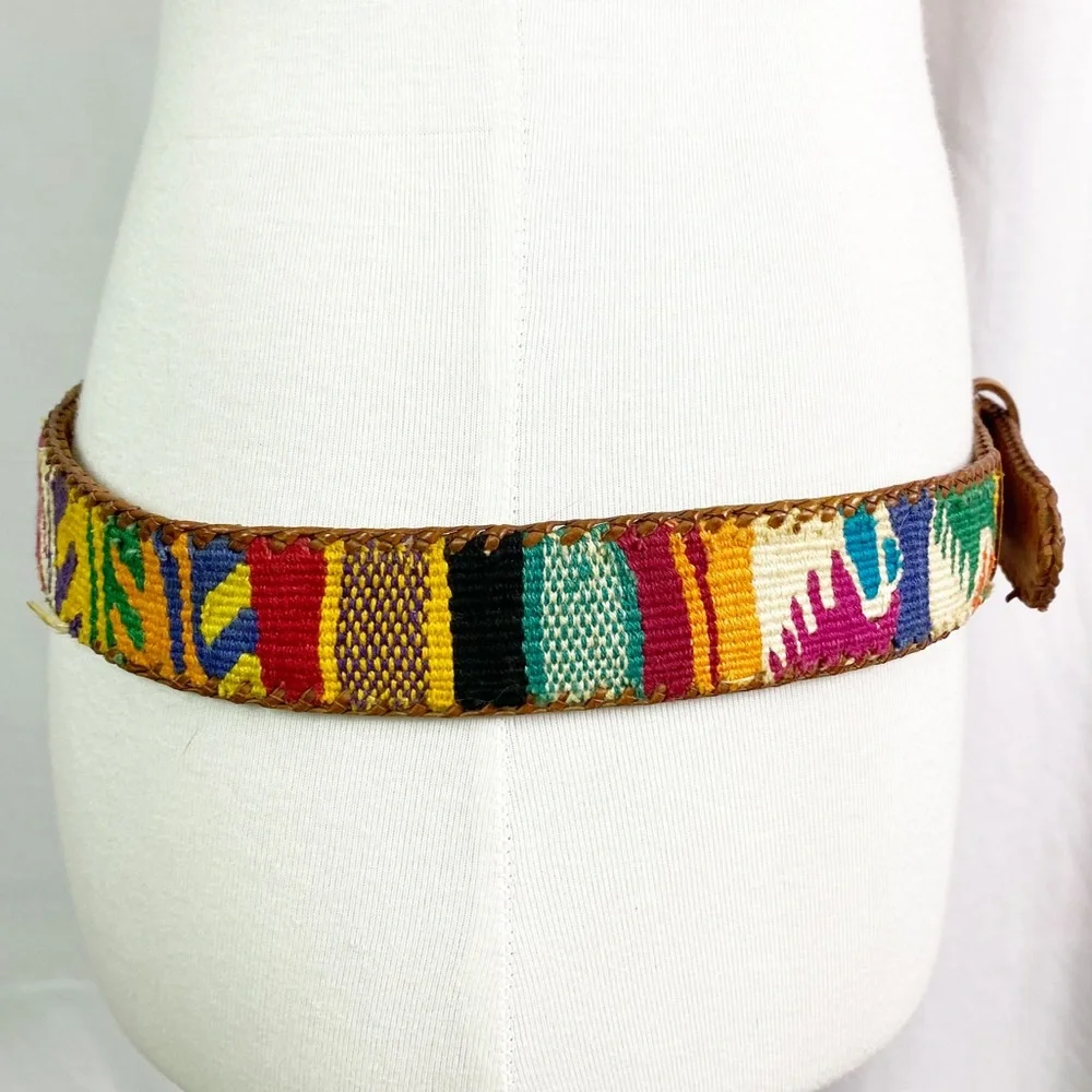 Vintage Boho Guatemalan Ethnic Leather Colorful Woven Thread Belt 36 Lg